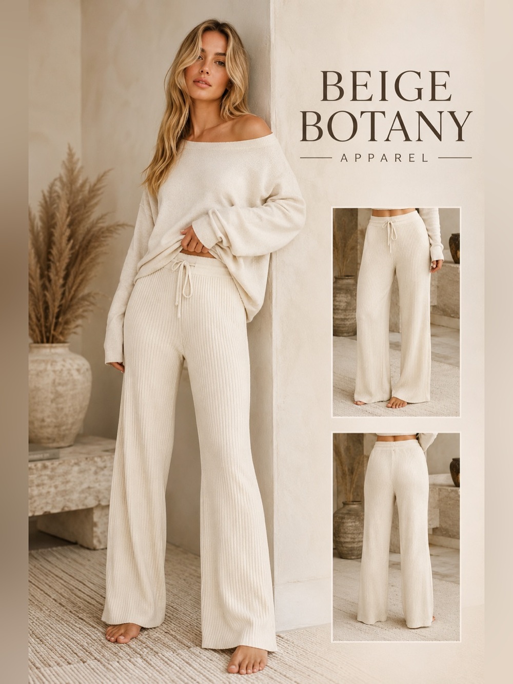 Beige Botany XL Ivory Ribbed Knit Wide Leg Lounge Pants Drawstring Sweater Knit